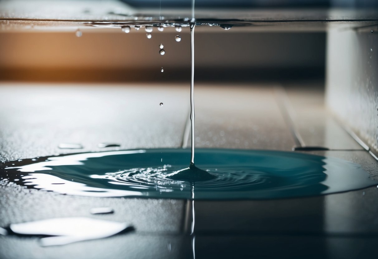 Water leaking from ceiling, causing a puddle on the floor. Dripping sound and water stains visible