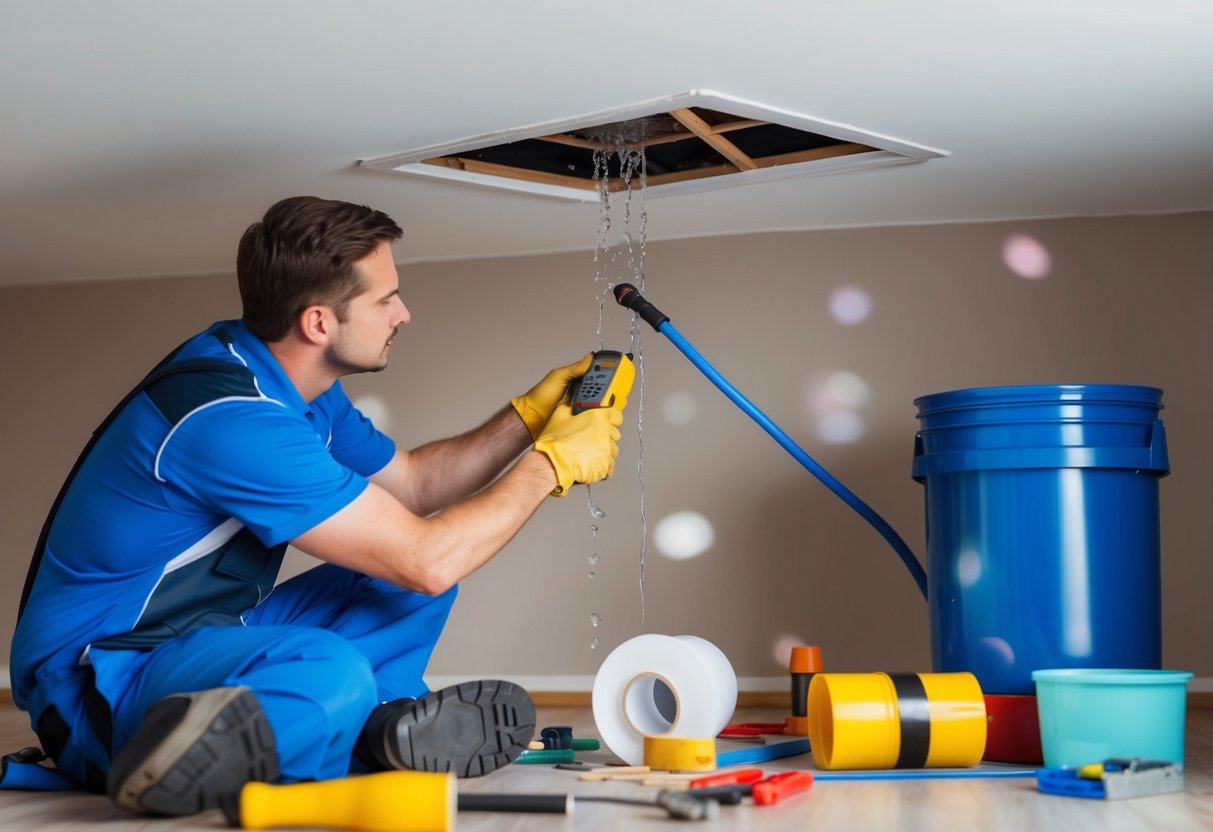 A plumber fixing a water leak on a ceiling with tools and materials scattered around