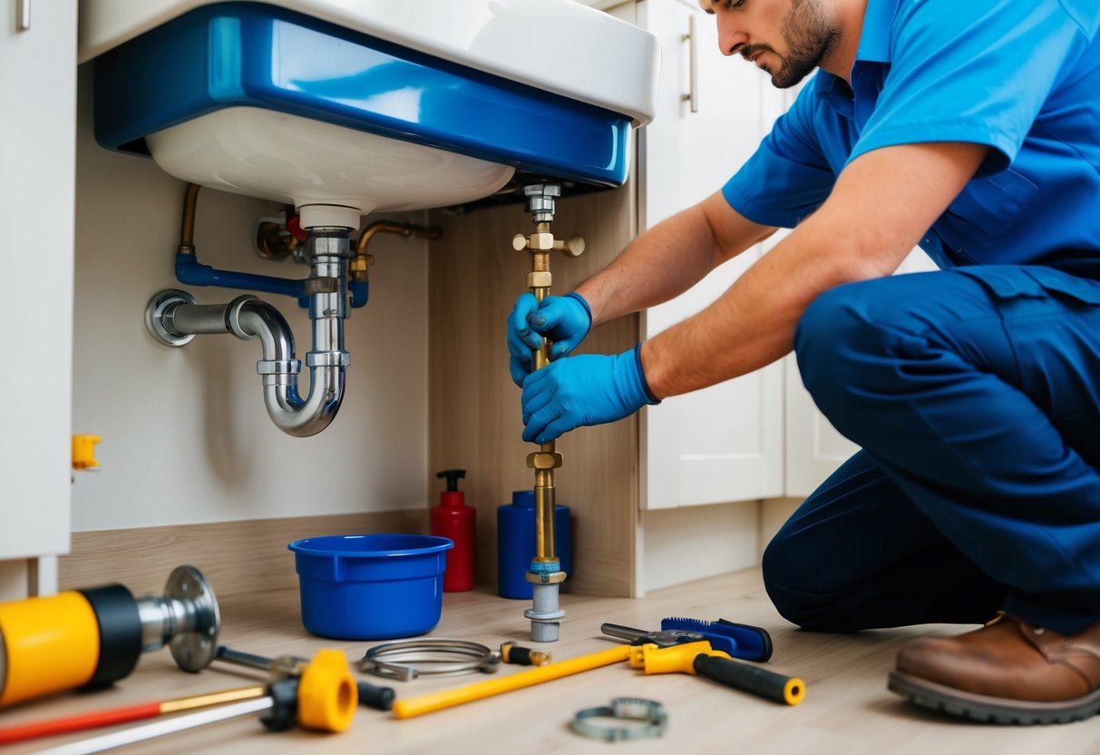 A person observing a plumber fixing a leaky pipe under a sink, surrounded by various tools and parts