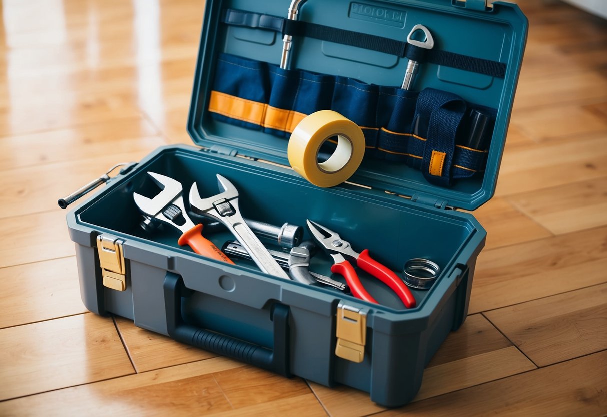 A toolbox sits open on a wooden floor, with various plumbing tools spilling out. A pipe wrench, pliers, and a roll of Teflon tape are among the items visible