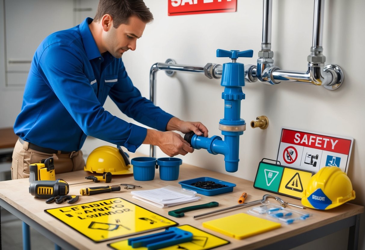 A plumber installing a water-saving device, surrounded by safety signs and equipment. Learning materials and tools are neatly organized on a workbench