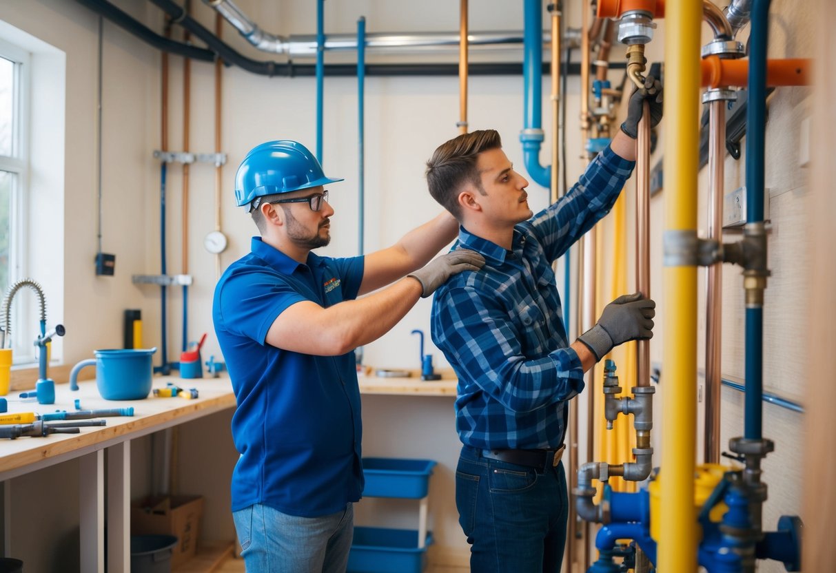 A person learning plumbing through hands-on training in a workshop, surrounded by tools, pipes, and fixtures. An instructor demonstrates techniques while the student observes and practices