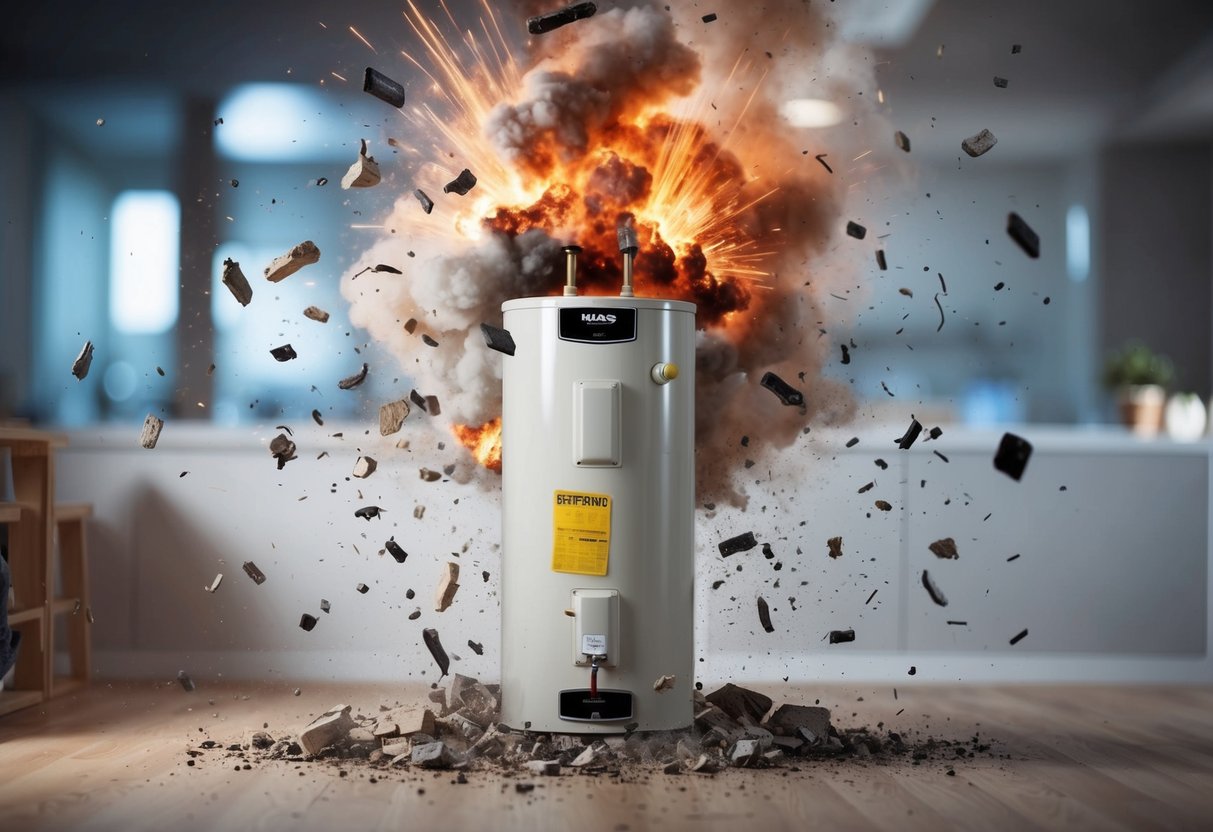 A water heater exploding, sending debris flying in all directions