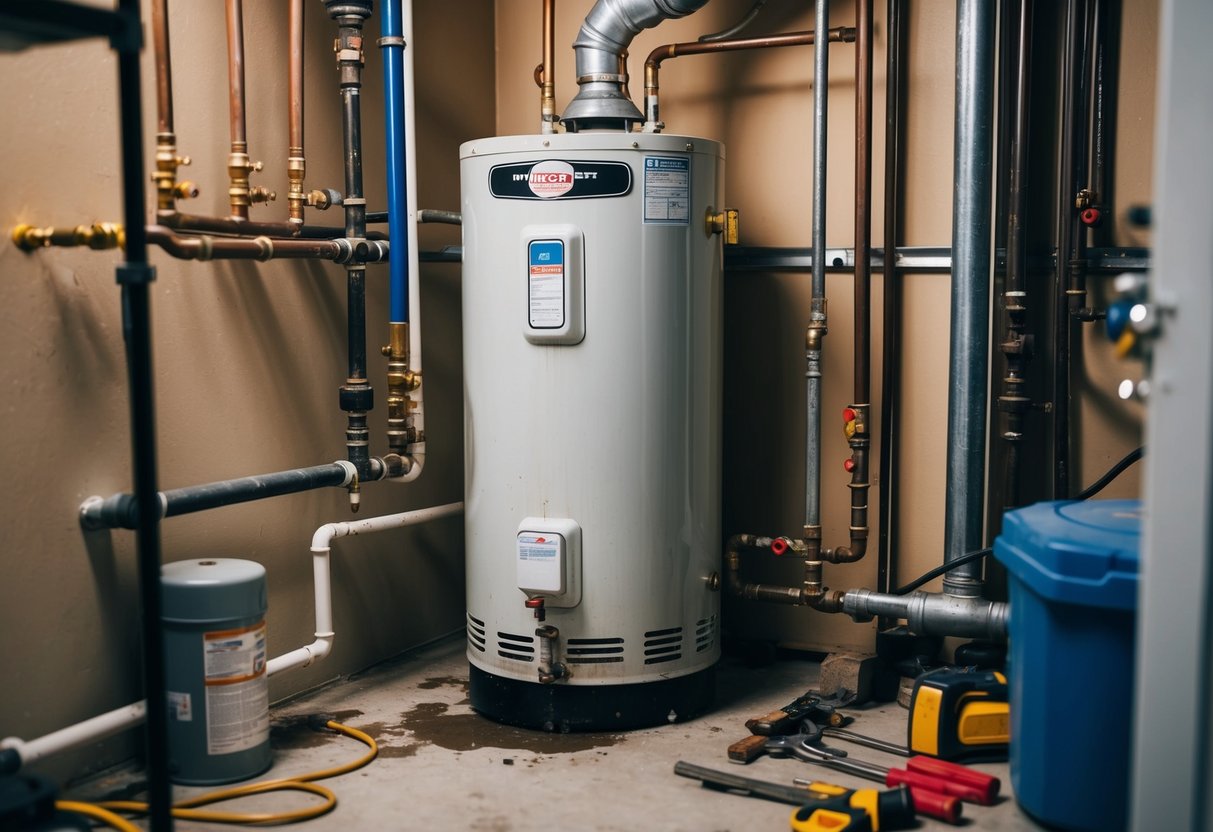 A water heater sits in a cluttered utility room, surrounded by pipes and maintenance tools. The heater shows signs of wear and rust, with a small leak dripping onto the floor