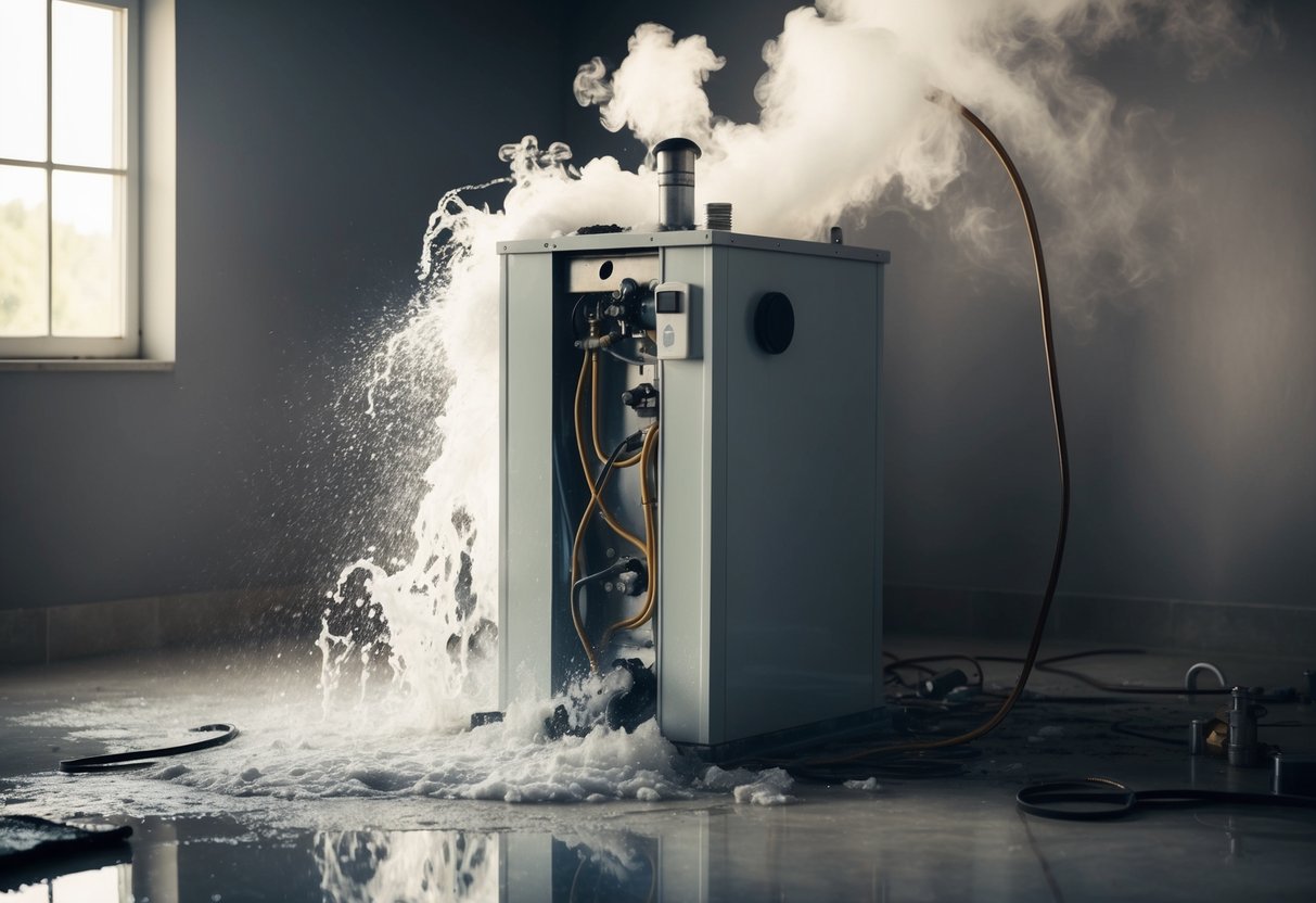 A chaotic scene of a ruptured water heater, spewing hot water and steam, causing damage to the surrounding area