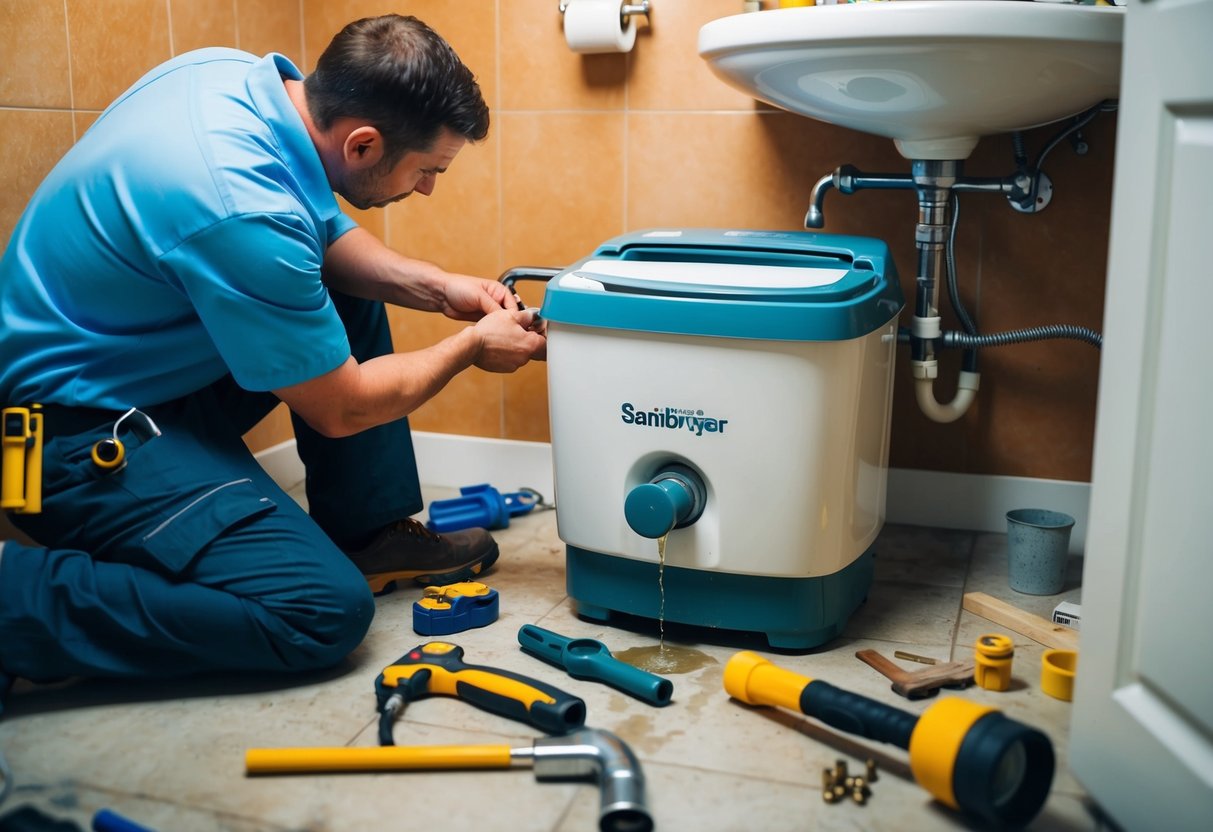 A plumber fixing a sanibroyeur unit in a small, cluttered bathroom. Tools and parts scattered on the floor. Water leaking from the unit