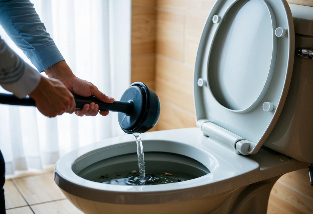 A person using a plunger to clear a clogged sanibroyeur toilet. Water and debris are visible in the bowl