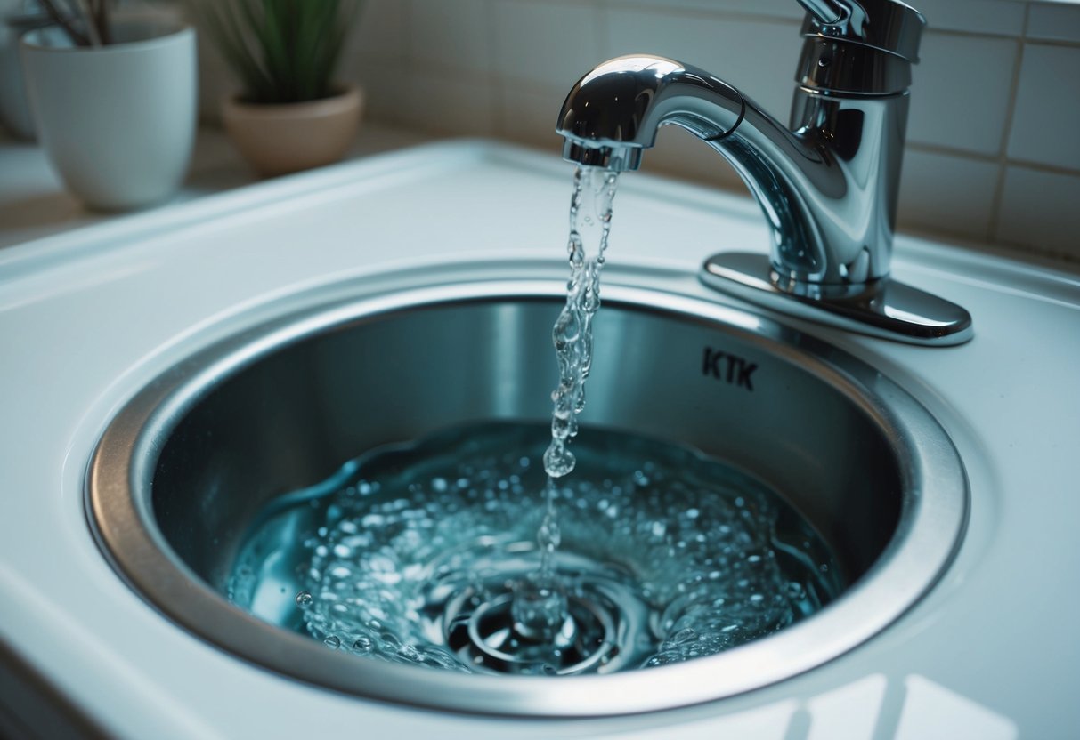 A sink with gurgling noises. Water swirling and bubbling