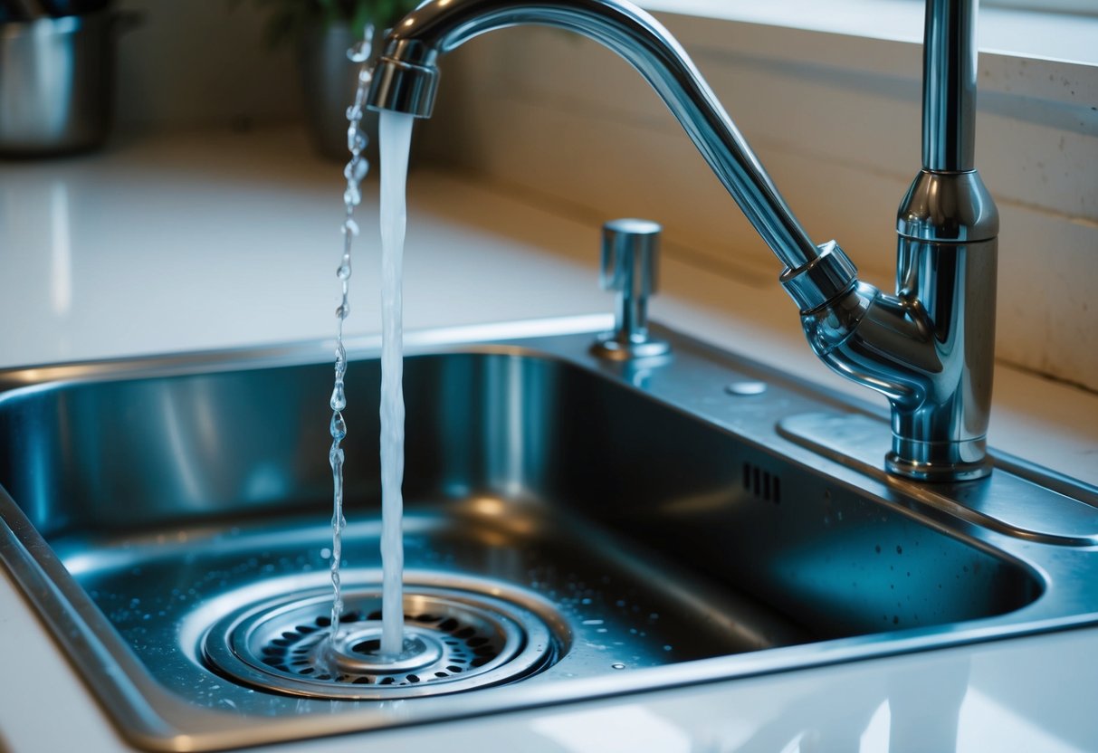 Kitchen sink with water running, making gurgling sounds. Pipes and plumbing visible underneath