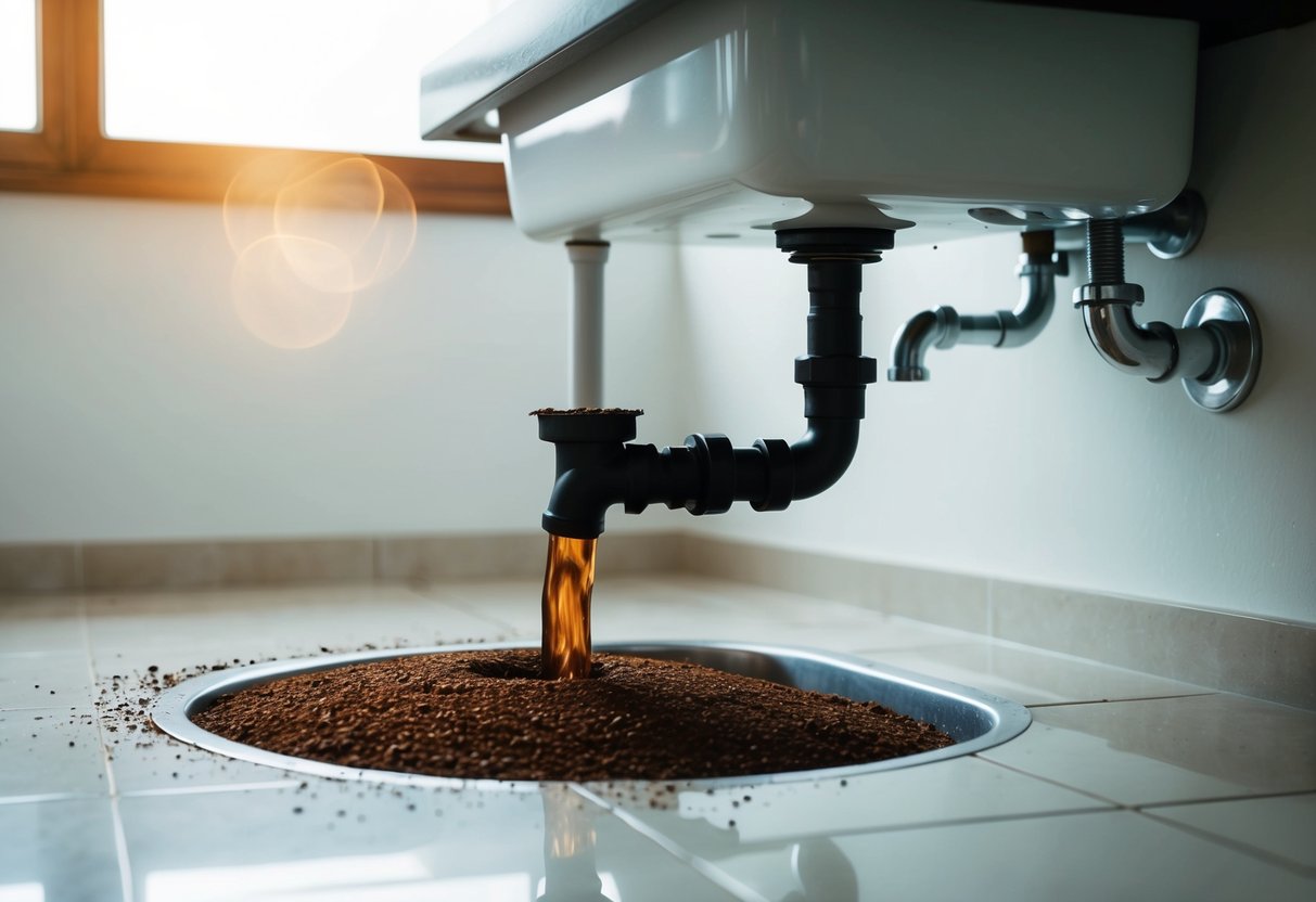 A clogged sink overflows with coffee grounds, while a backed-up pipe spills coffee onto the floor