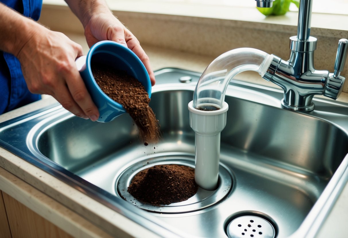 A plumber pours coffee grounds into a clogged sink, preventing future blockages. A clear, clean pipe is shown next to the now-functioning sink