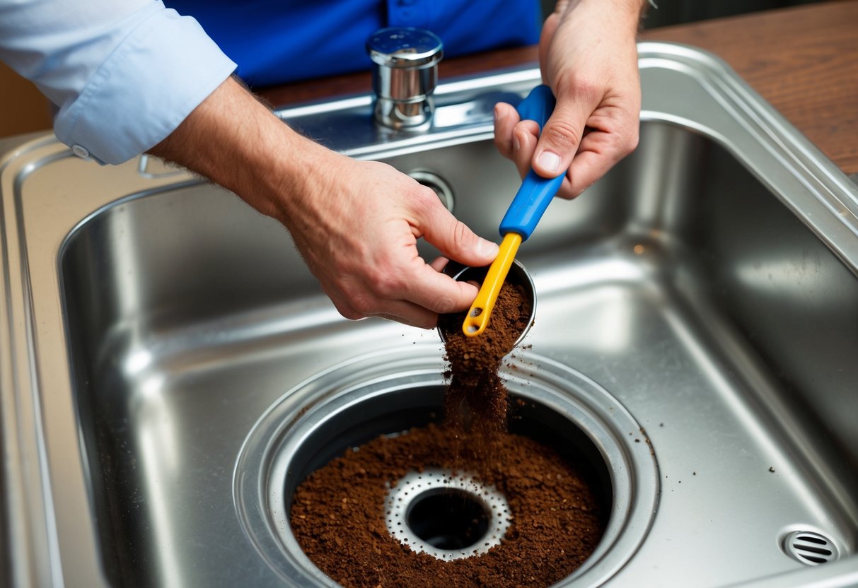 A plumber using tools to clear a clogged sink with coffee grounds overflowing from the drain