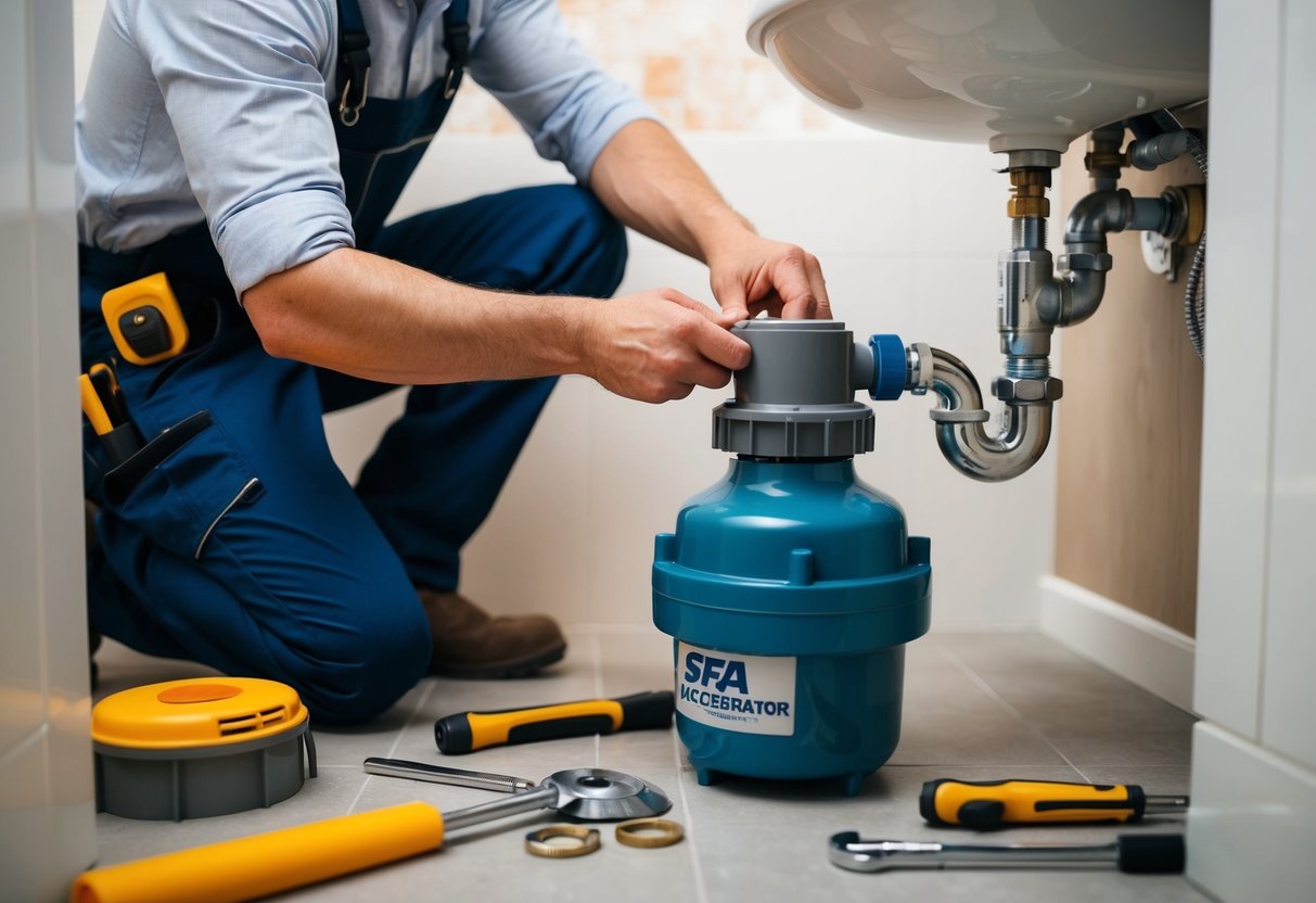 A plumber fixing a SFA macerator in a small bathroom. Tools and replacement parts scattered around