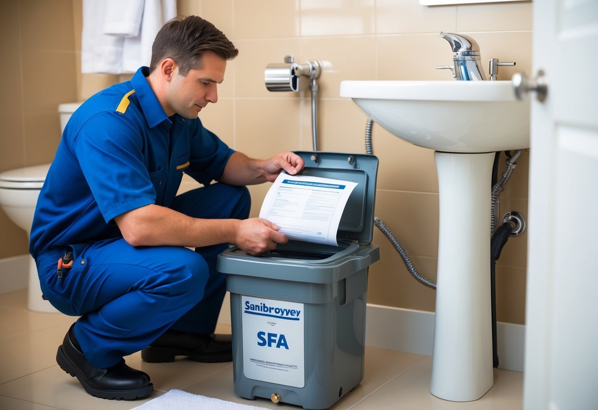 A technician repairing a Sanibroyeur SFA unit with tools and a manual guide in a clean and well-lit bathroom setting