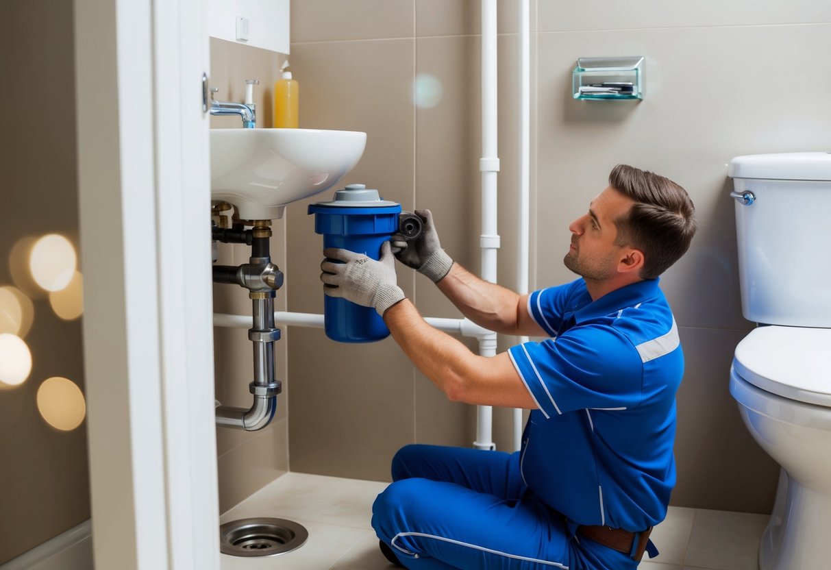 A plumber installing and repairing a SFA macerator unit in a bathroom setting