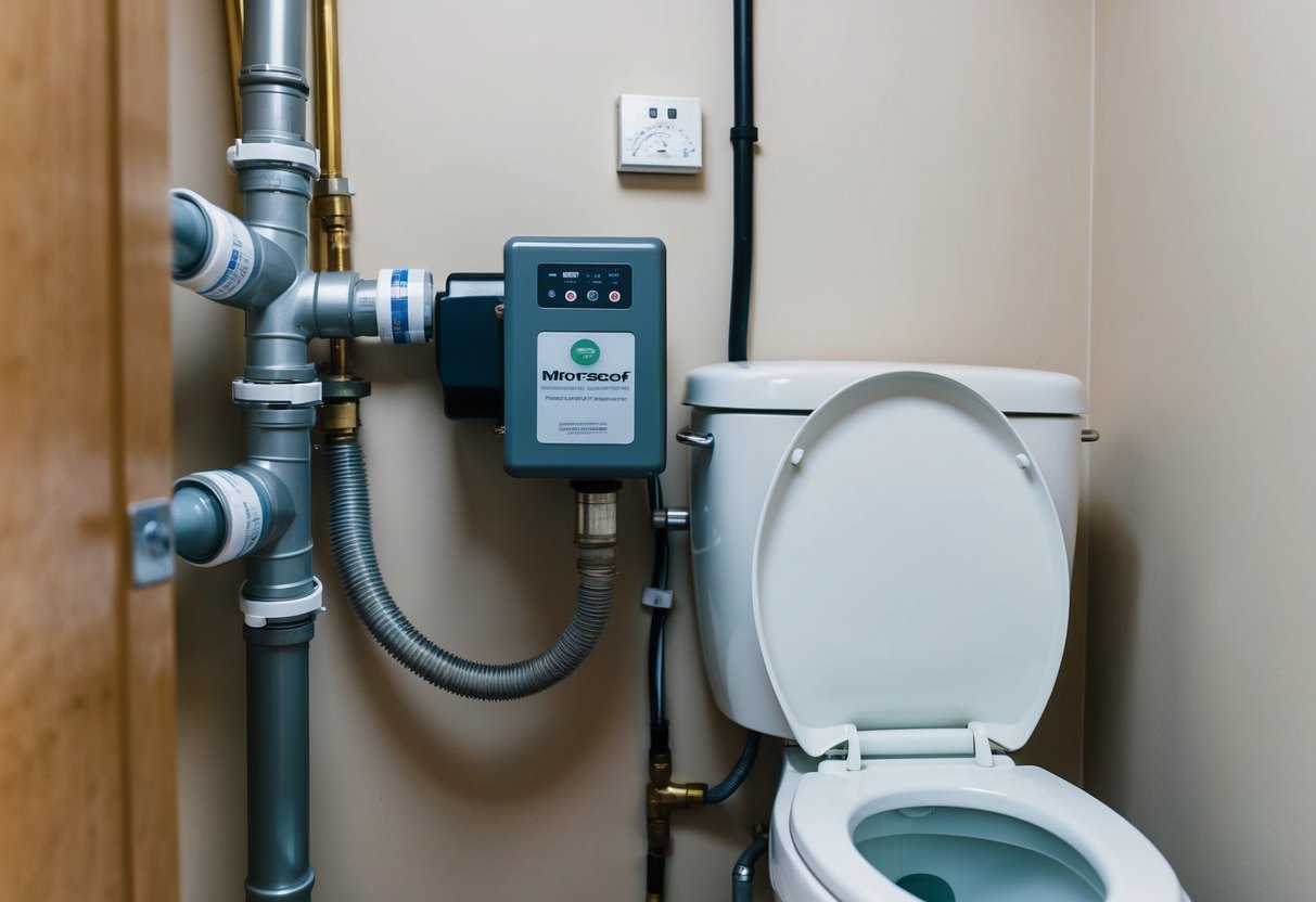 A motorized macerator unit connected to a toilet, with pipes and a control panel in a small bathroom