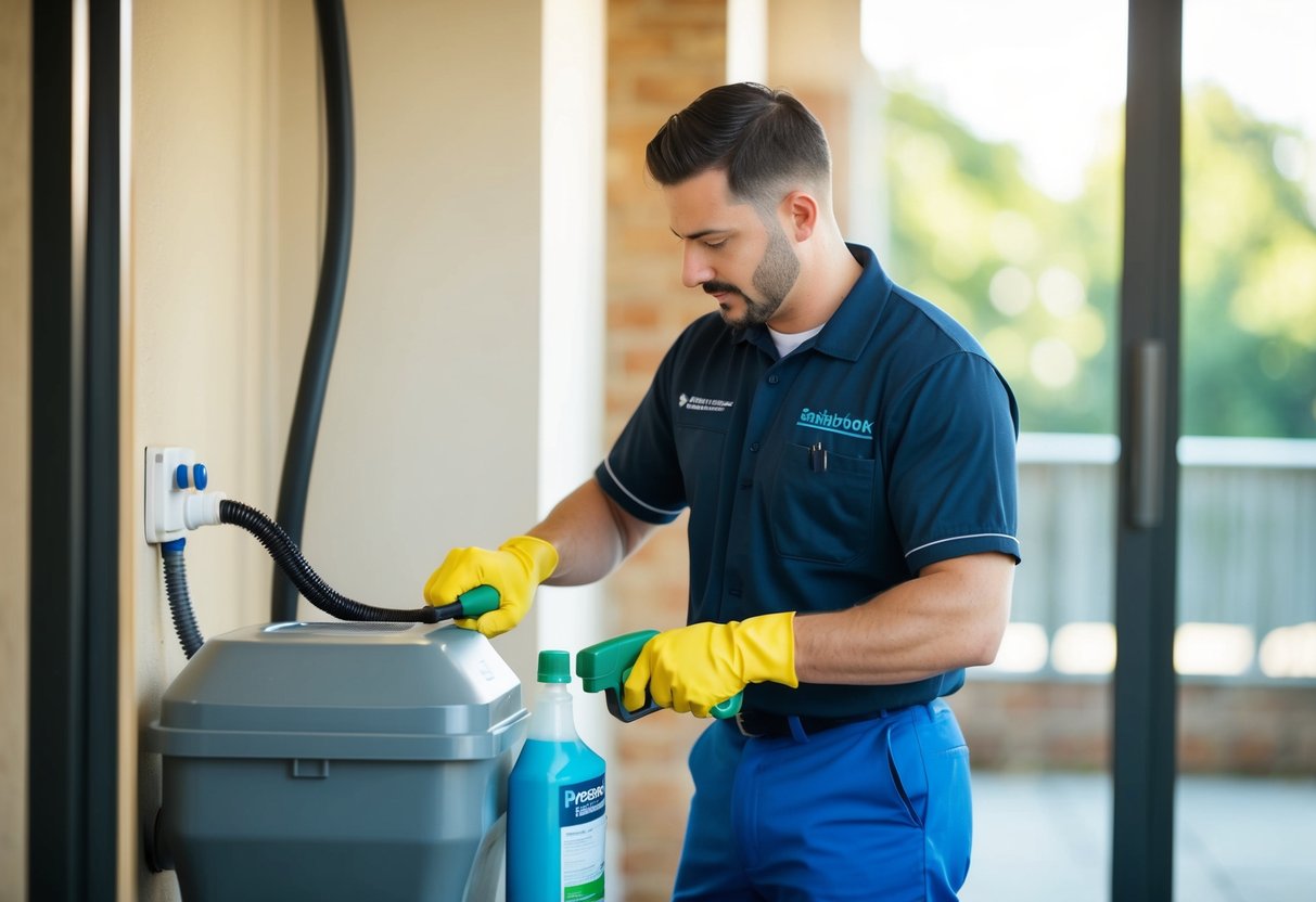 A professional cleaning a sanibroyeur. Using cleaning tools and products, the professional carefully and efficiently works to clean and maintain the sanibroyeur system