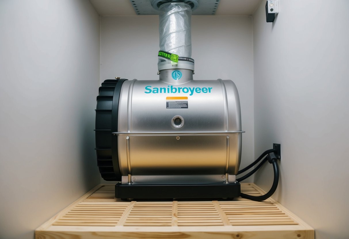 A Sanibroyeur installation in a small, enclosed space with proper ventilation and access to a power source