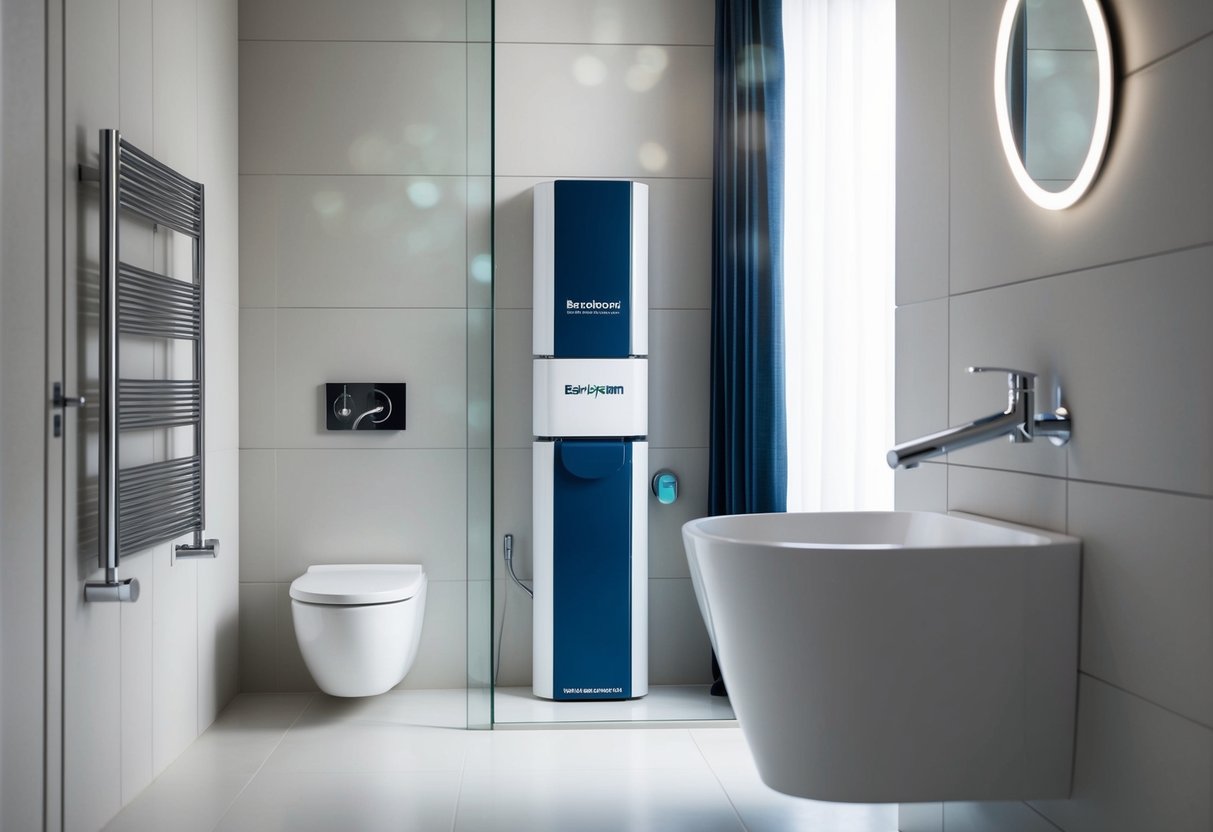 A modern bathroom with a sanibroyeur system installed, meeting all regulatory requirements for conformity and legislation