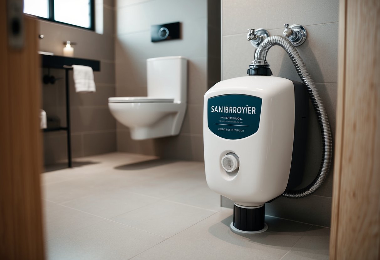 A sanibroyeur installation in a bathroom, meeting all regulations and standards