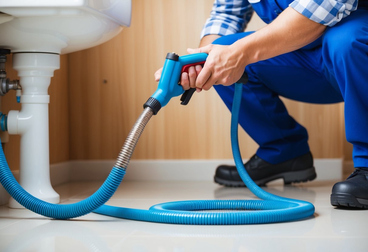 A professional plumber's snake tool clearing a clogged pipe in a residential bathroom