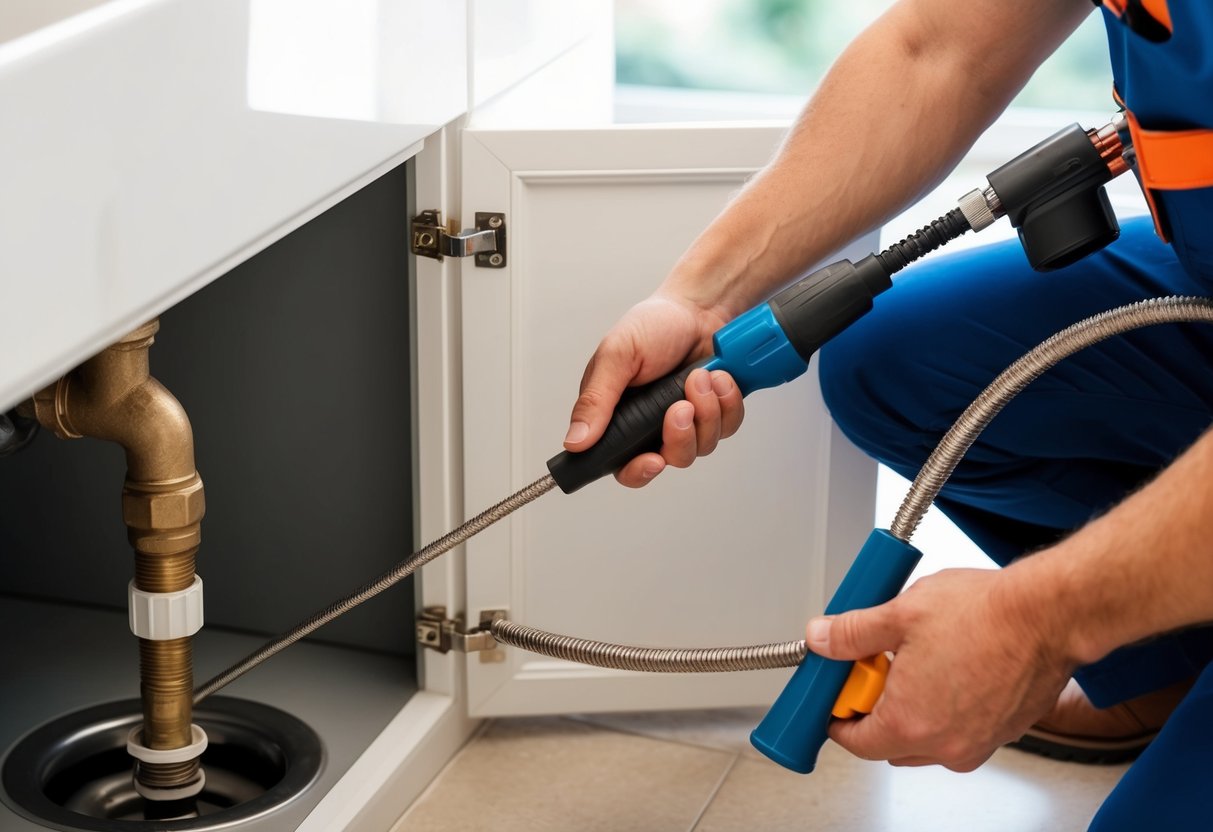 A professional plumber using a plumbing snake to clear a clogged drain