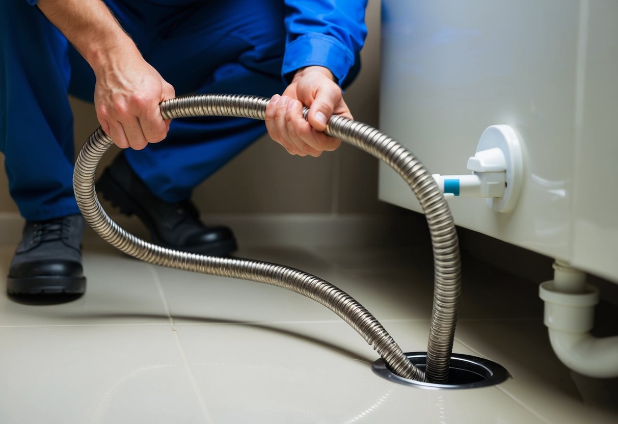 A plumber's snake tool clears a clogged pipe in a dimly lit bathroom. The flexible metal coil is fed into the drain, navigating the twists and turns of the plumbing system