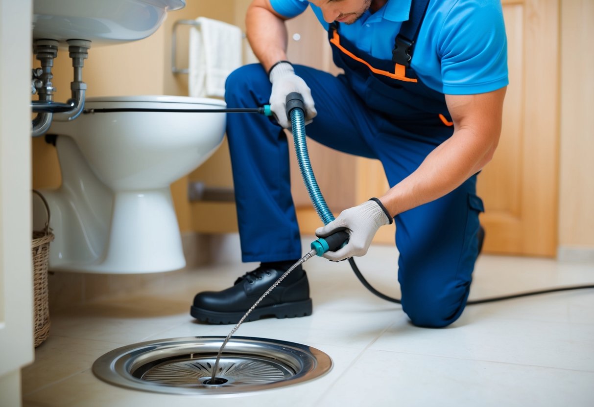 A professional plumber using a plumbing snake to clear a clogged drain in a residential bathroom