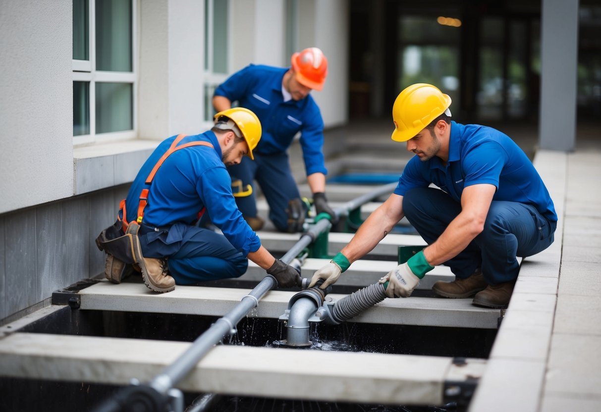 A team of workers clearing and cleaning the building's drainage system with caution