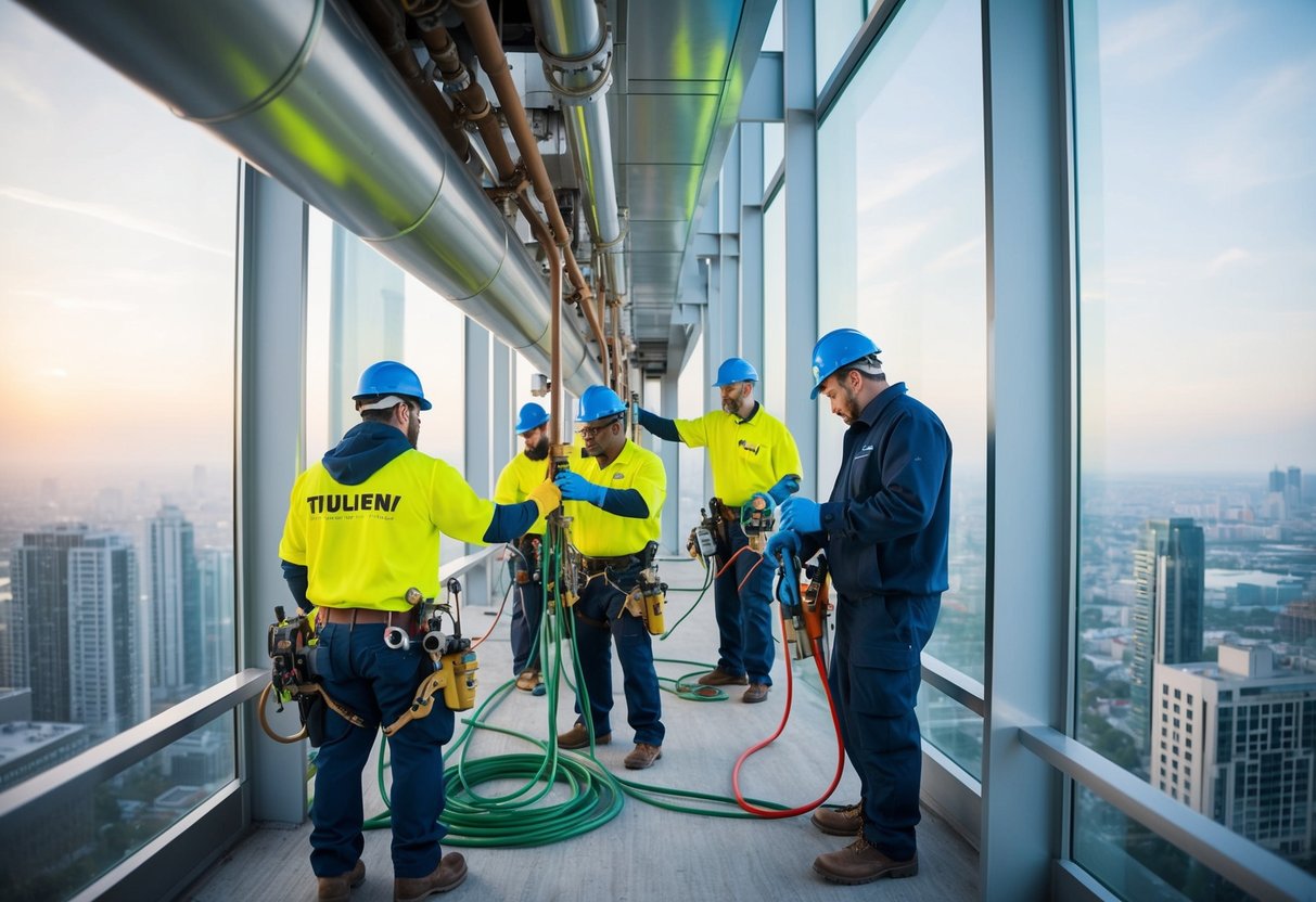 A group of workers using specialized equipment to clean and clear the pipes of a tall building, taking precautions to ensure safety