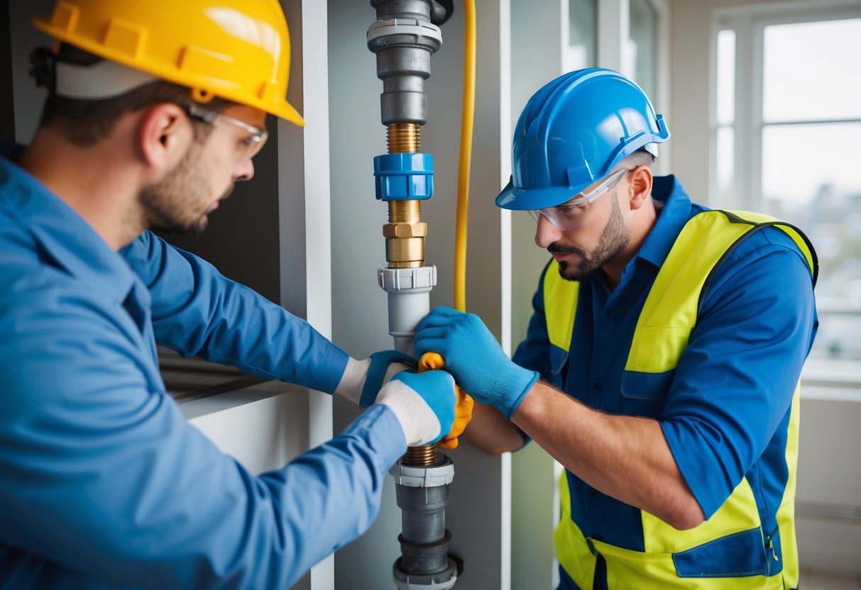 A plumber clearing a clogged pipe in a building, wearing protective gear and following safety regulations