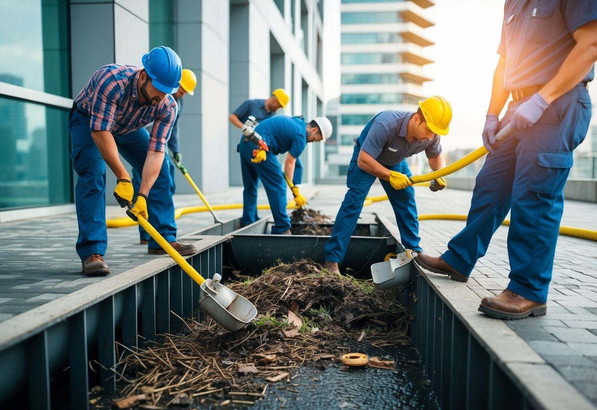 A team of workers carefully clearing out debris from the building's drainage system, while ensuring compliance with financial and legal regulations