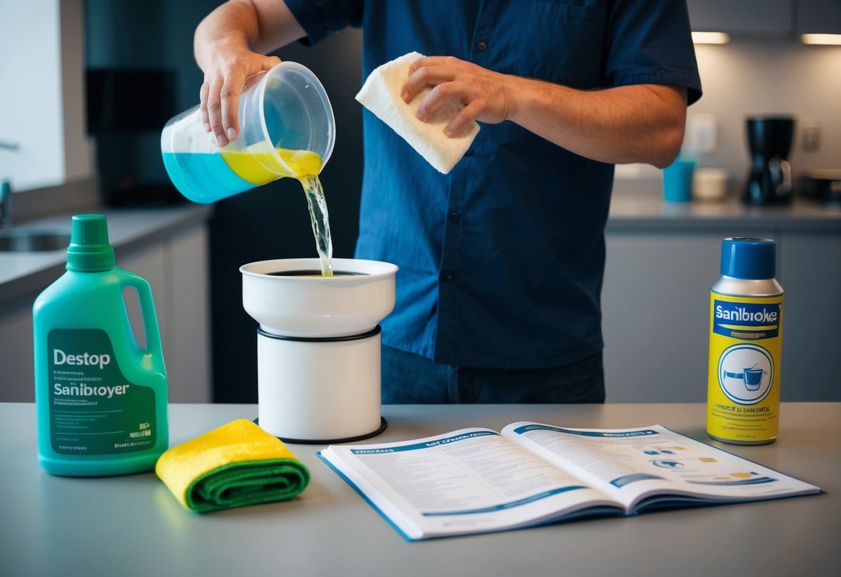 A person pouring Destop into a sanibroyeur, with cleaning supplies nearby and a maintenance manual open on a table