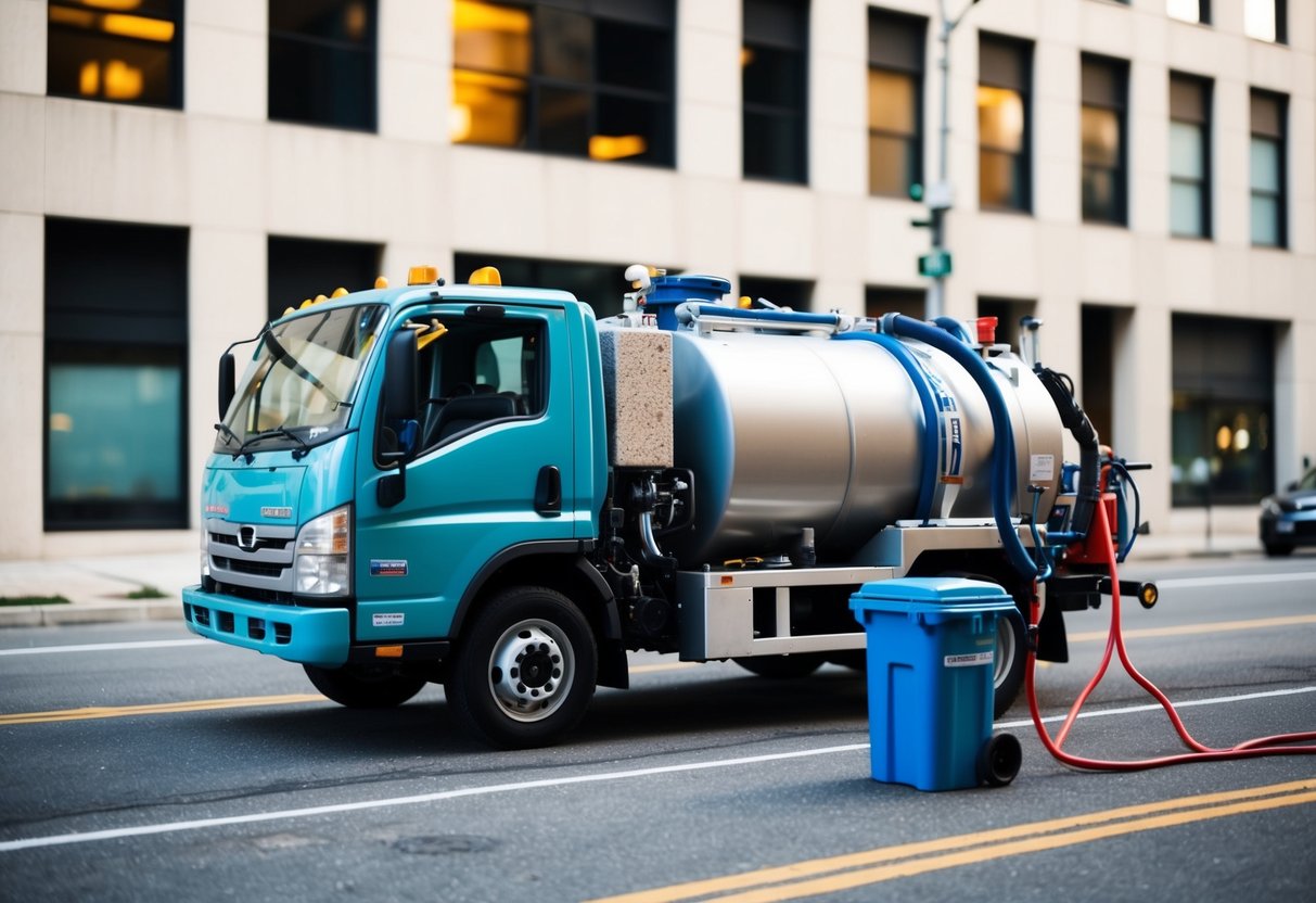 A sewer cleaning truck with a pump, parked on a city street