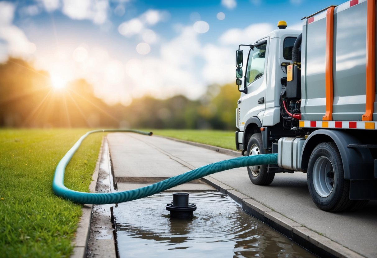 A pump truck clearing a clogged drain with a hose and powerful suction