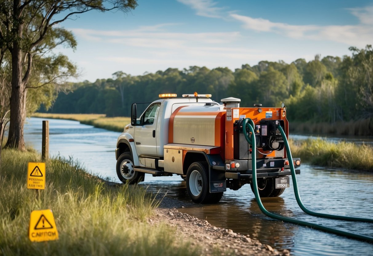 A pump truck parked near a waterway, surrounded by trees and wildlife. A hose extends from the truck into the water, with caution signs posted nearby