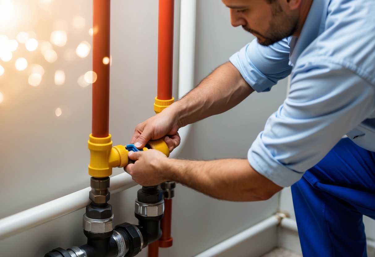 A plumber carefully selecting and applying a heat-resistant joint for hot water pipes