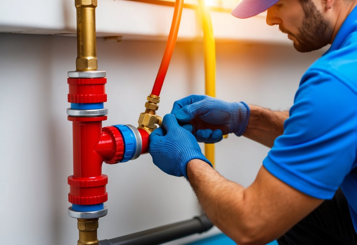 A plumber applies a heat-resistant joint to a hot water pipe