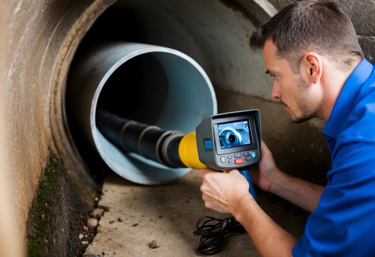 A technician using an inspection camera to examine a sewer pipe for damage and blockages. The camera is inserted into the pipe, providing a clear view of the interior