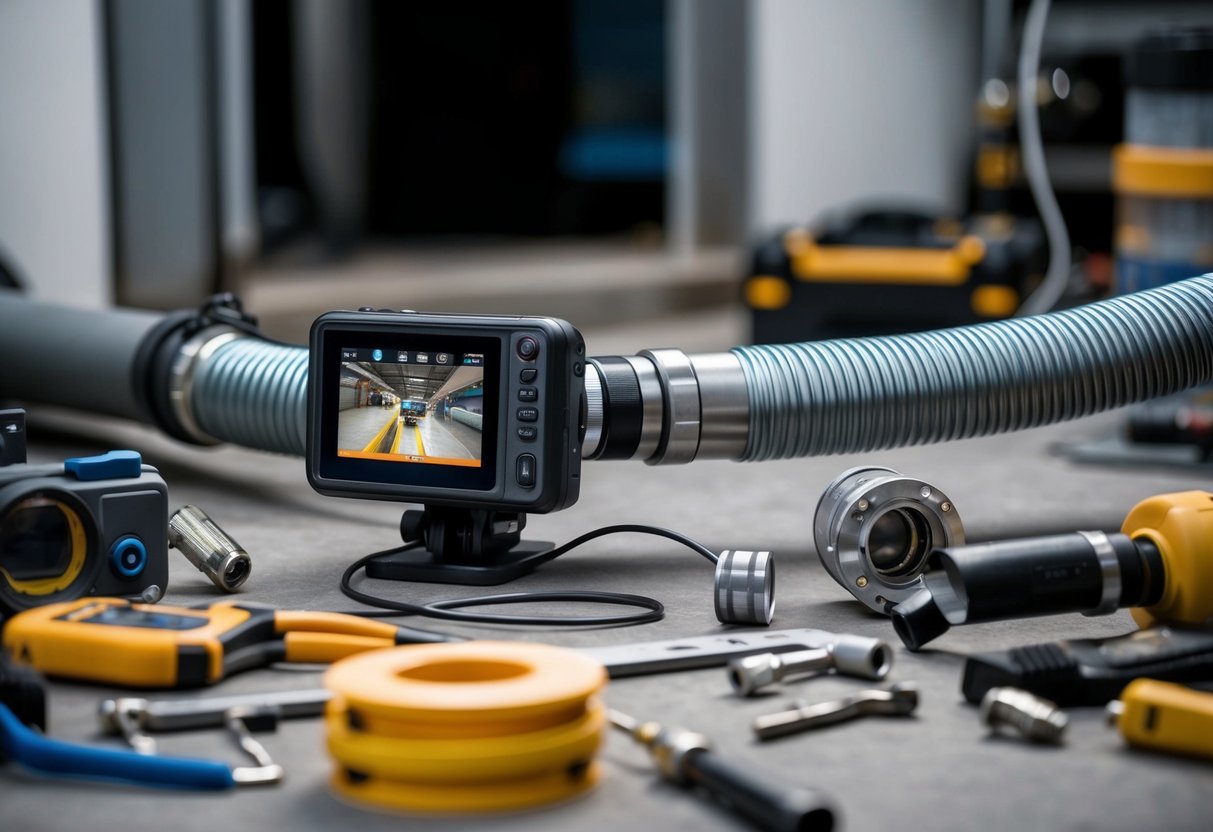 A camera attached to a flexible cable is inserted into a pipe, with a screen displaying the live feed. Various tools and equipment are scattered around for a thorough inspection