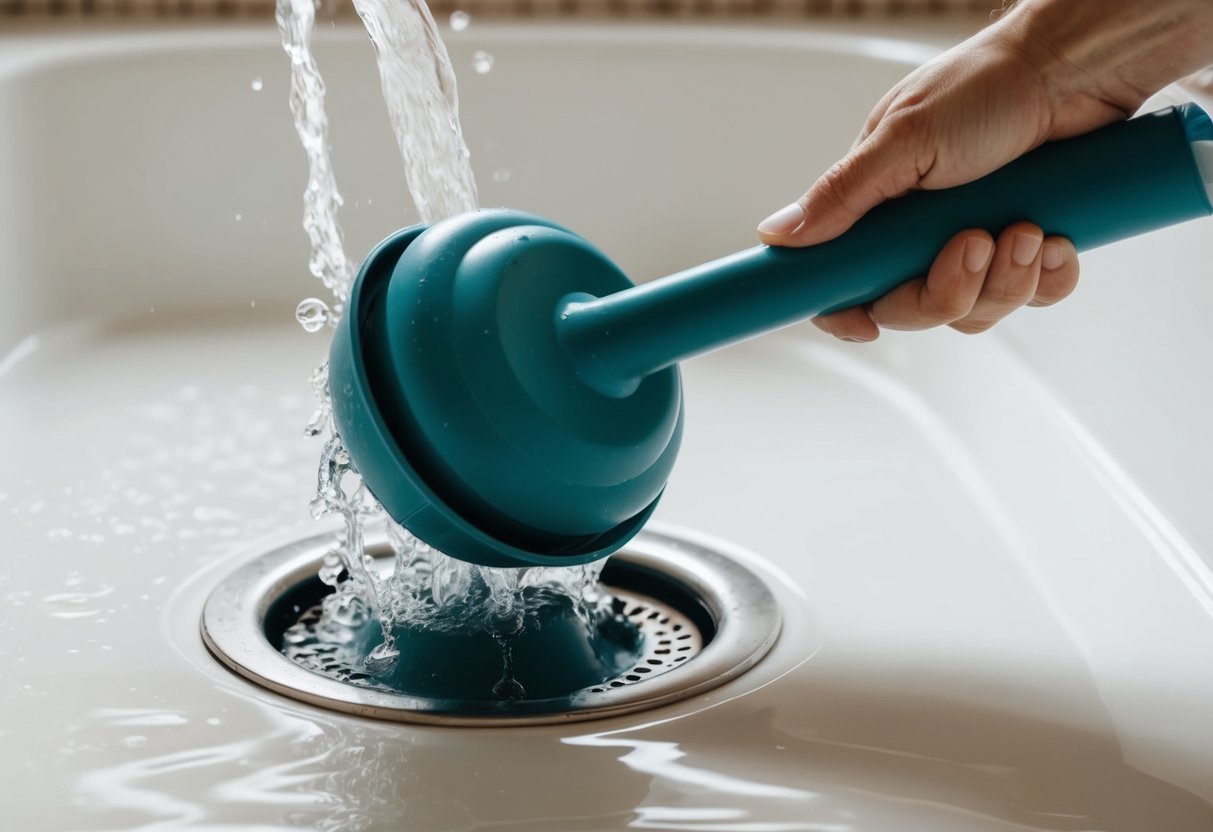 A plunger is pressed firmly over the drain of a bathtub, with water gushing out as the blockage is cleared