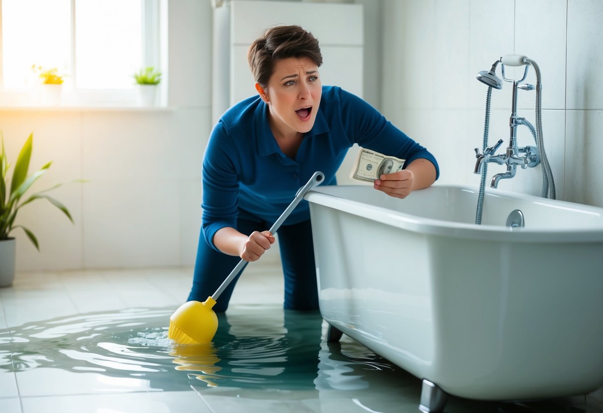 A clogged bathtub with water overflowing onto the floor, a frustrated person holding a bill in one hand and a plunger in the other, looking overwhelmed