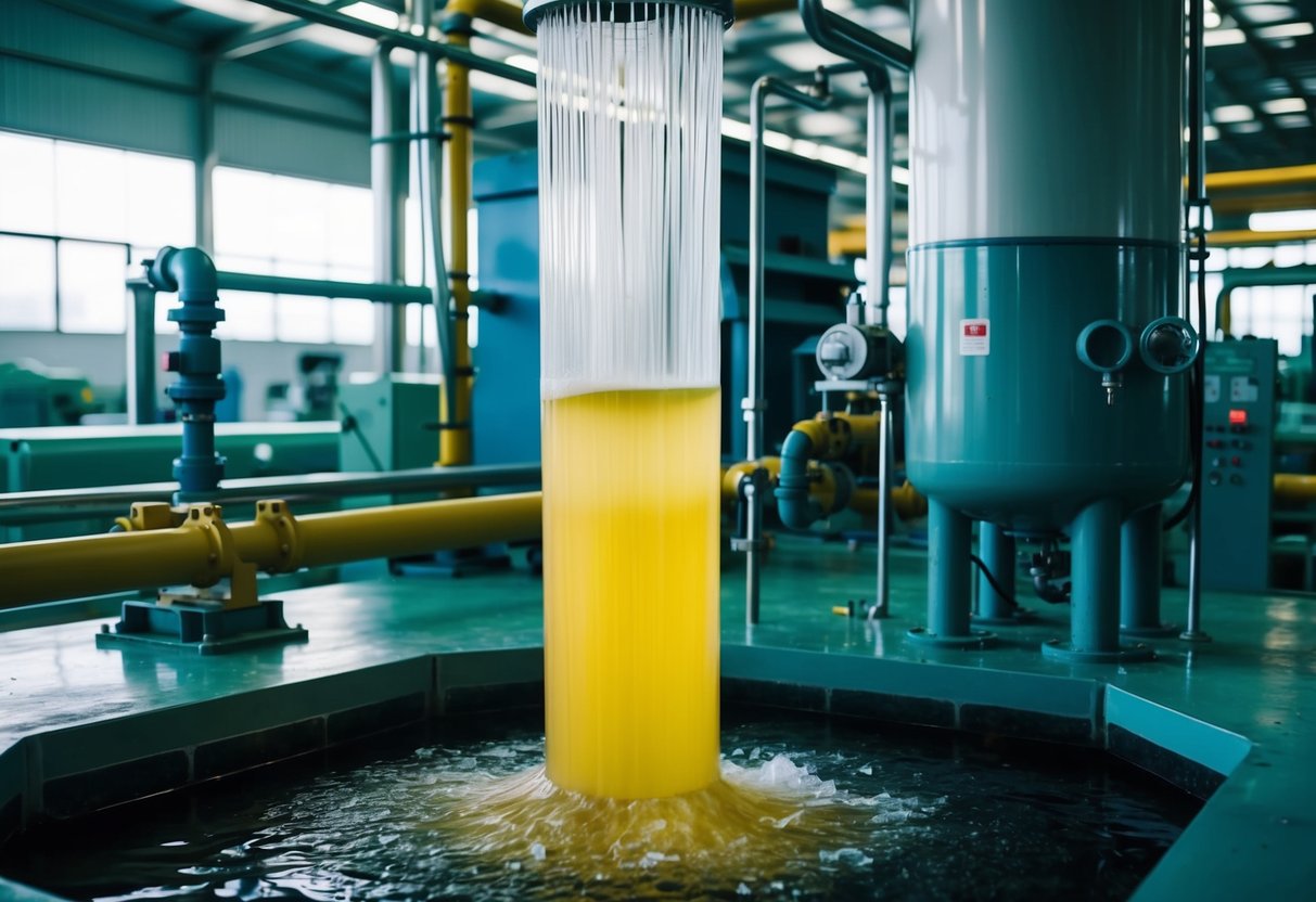 A column disgorging liquid in a factory setting. Machinery and pipes surround the column, with the liquid flowing out into a designated area