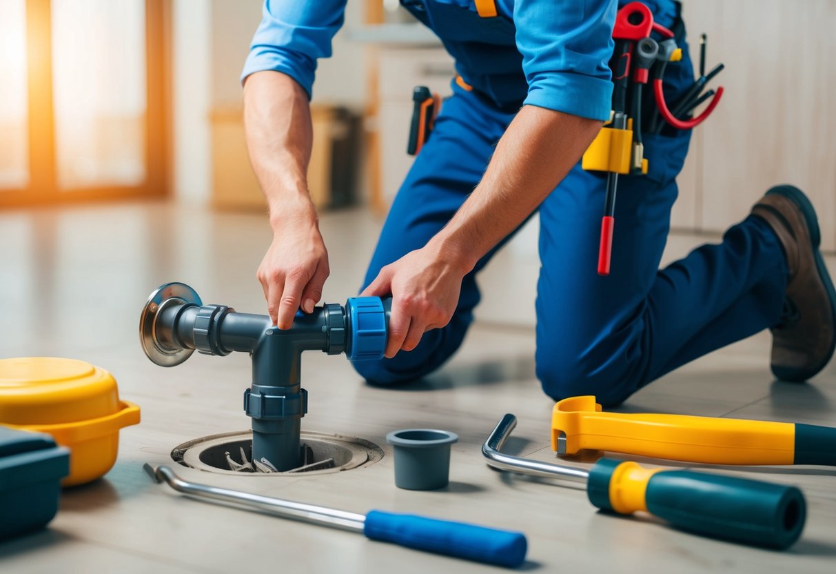 A plumber prepares to unclog a drain pipe with tools and equipment