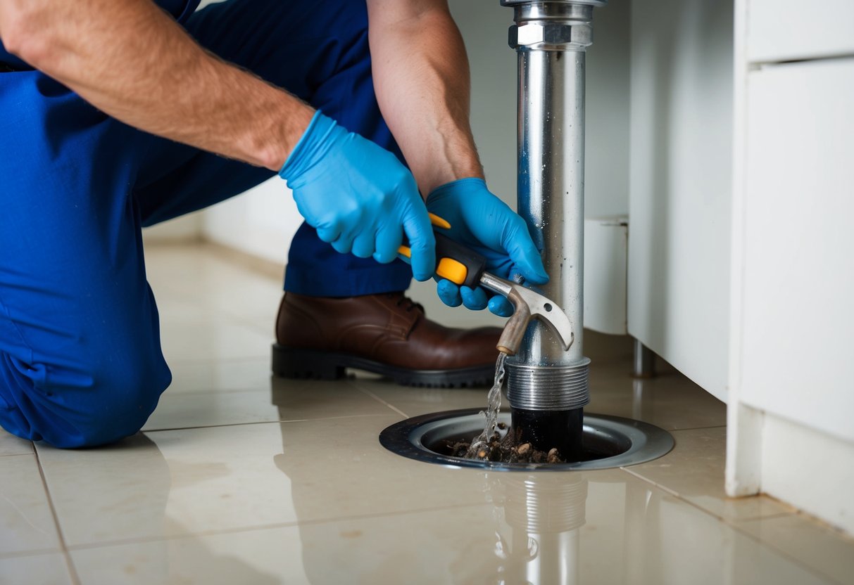 A plumber uses a tool to unclog a drain in a vertical pipe. Water and debris are being removed from the column