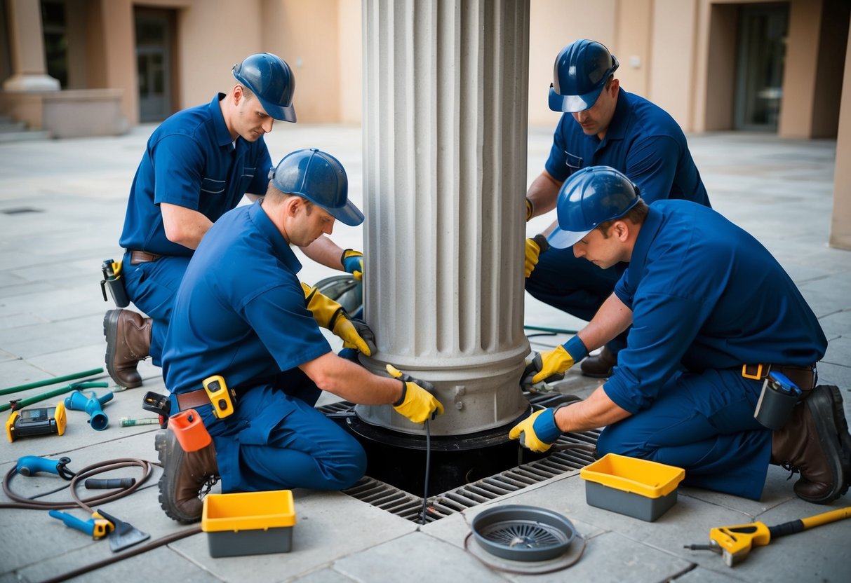 A team of professionals working on unclogging a building's drainage system. Tools and equipment are scattered around as they work on the column