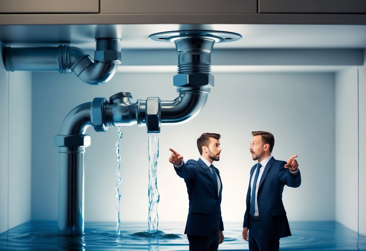 A clogged pipe with water overflowing, a frustrated tenant and a confused landlord pointing at each other, representing the debate over who is responsible for paying for the plumbing repairs