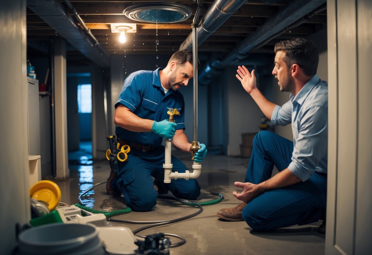 A plumber unclogs a pipe in a cluttered, dimly lit basement. Water drips from the ceiling, and a frustrated tenant argues with the landlord