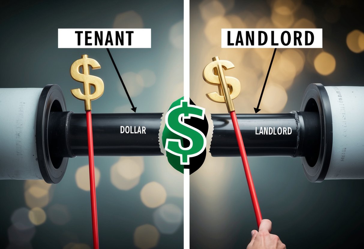 A clogged pipe with a dollar sign splitting it in half, one side labeled "Tenant" and the other "Landlord." Both are trying to push the blockage through with comically oversized plungers