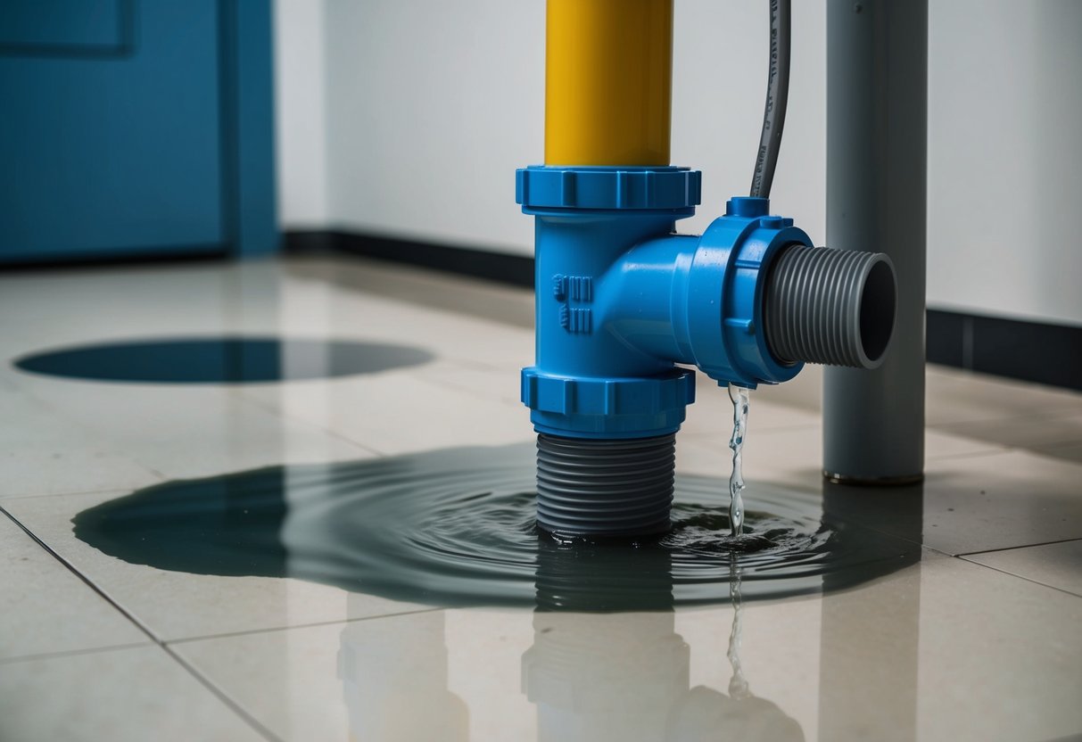 A clogged pipe with water overflowing onto the floor, causing damage to the surrounding area. The environment is depicted as being negatively impacted by the blockage